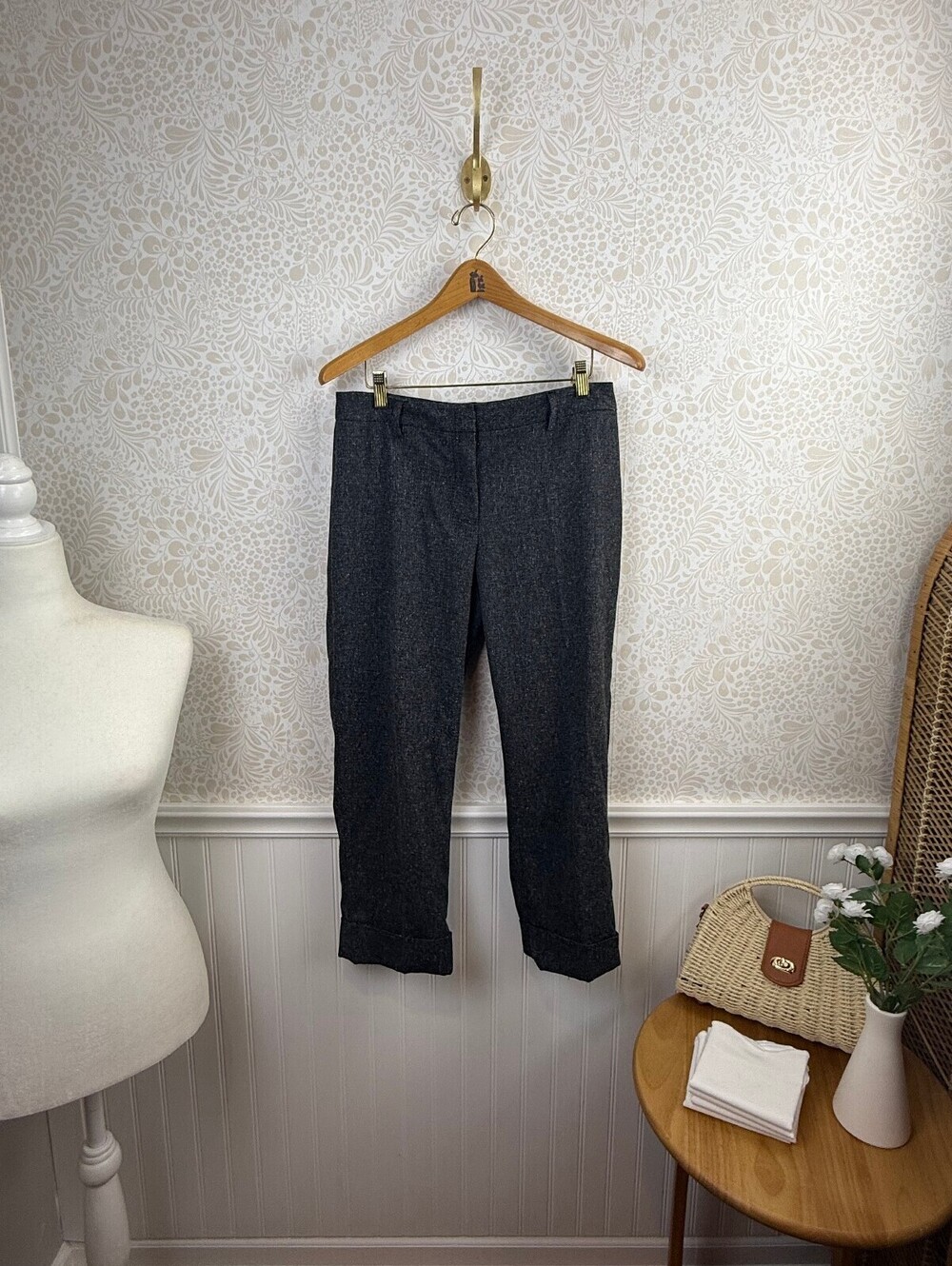 Oscar by Oscar de la Renta Linen Blend Charcoal Gray Cuffed Trousers - Size - 4